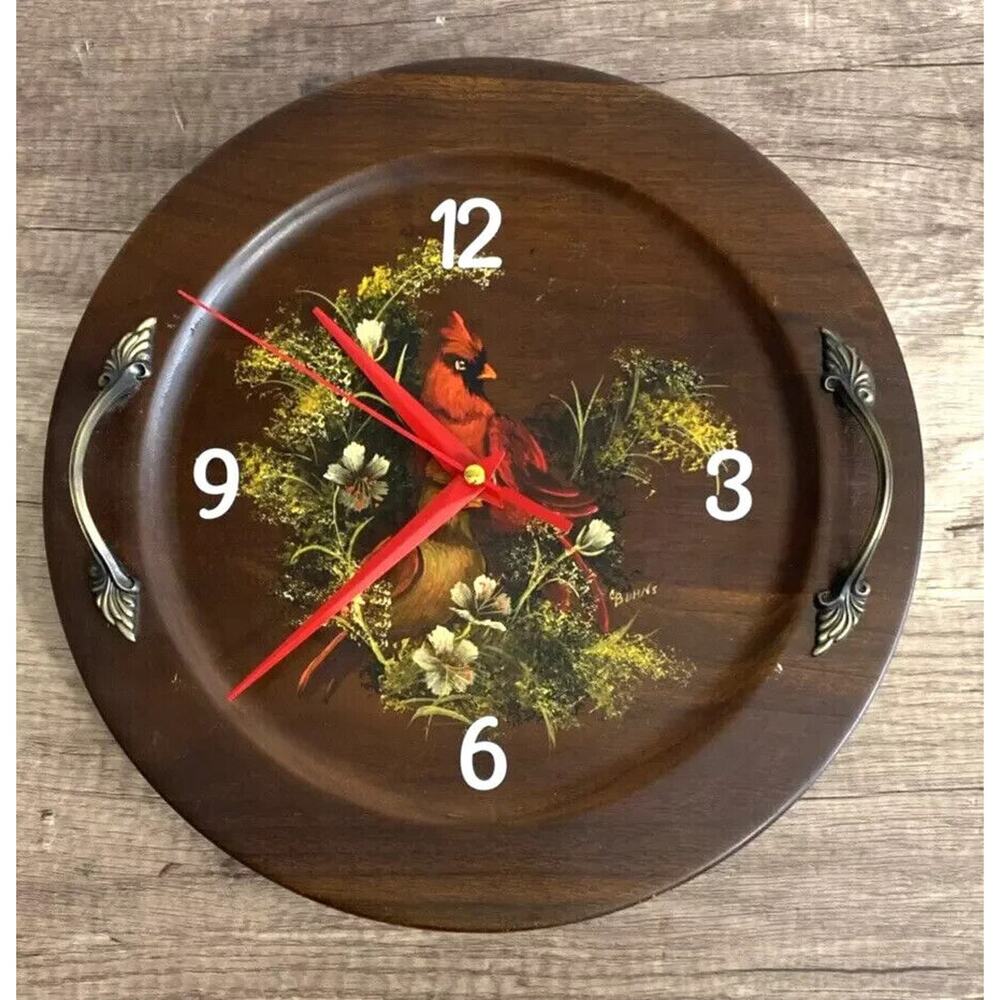 Hand Painted Cardinal Wall Clock Signed 12" Inch Wood Hand Made Silent Non Tic